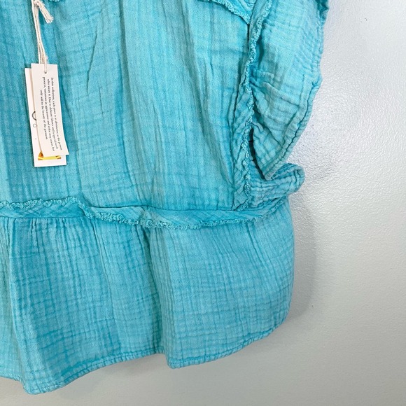 C&C California Blue Cotton Square Flutter Ruffle Sleeve Peplum Blouse Large NWT - Picture 6 of 10